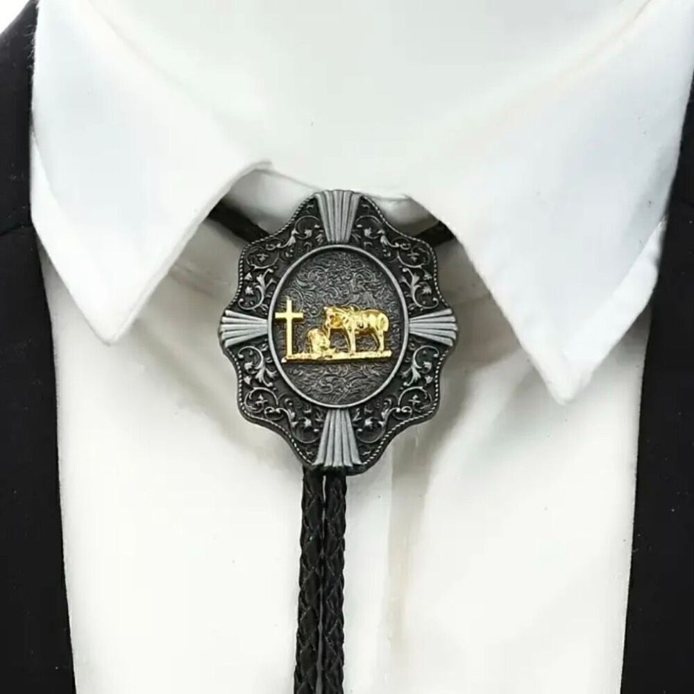Western Oval Concho Bolo Tie Mens Casual Thank God For Cowboys  Accessory New